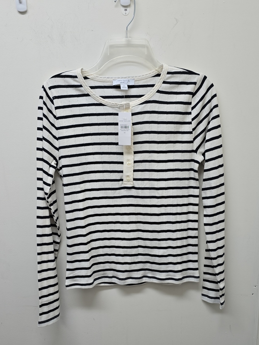 ANN TAYLOR Striped Long-Sleeve Henley Top - Night Sky - SIze M